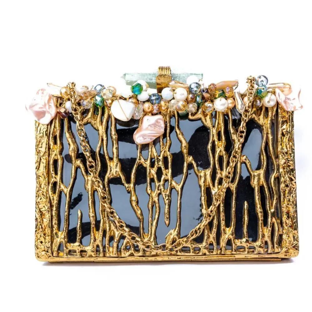 Ramla Brass Gold-tone Square Clutch/Handbag(NWT)